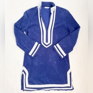 Cabana Life Terry Cloth Navy & White Long Sleeve Coverup Dress